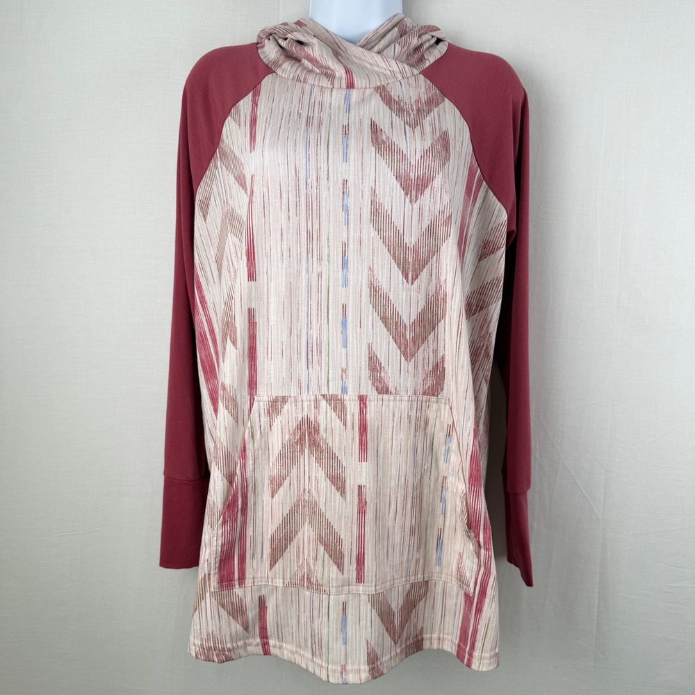 LuLaRoe Amber Hoodie Womens L Pink Chevron Ikat Print Kangaroo Pocket Tunic